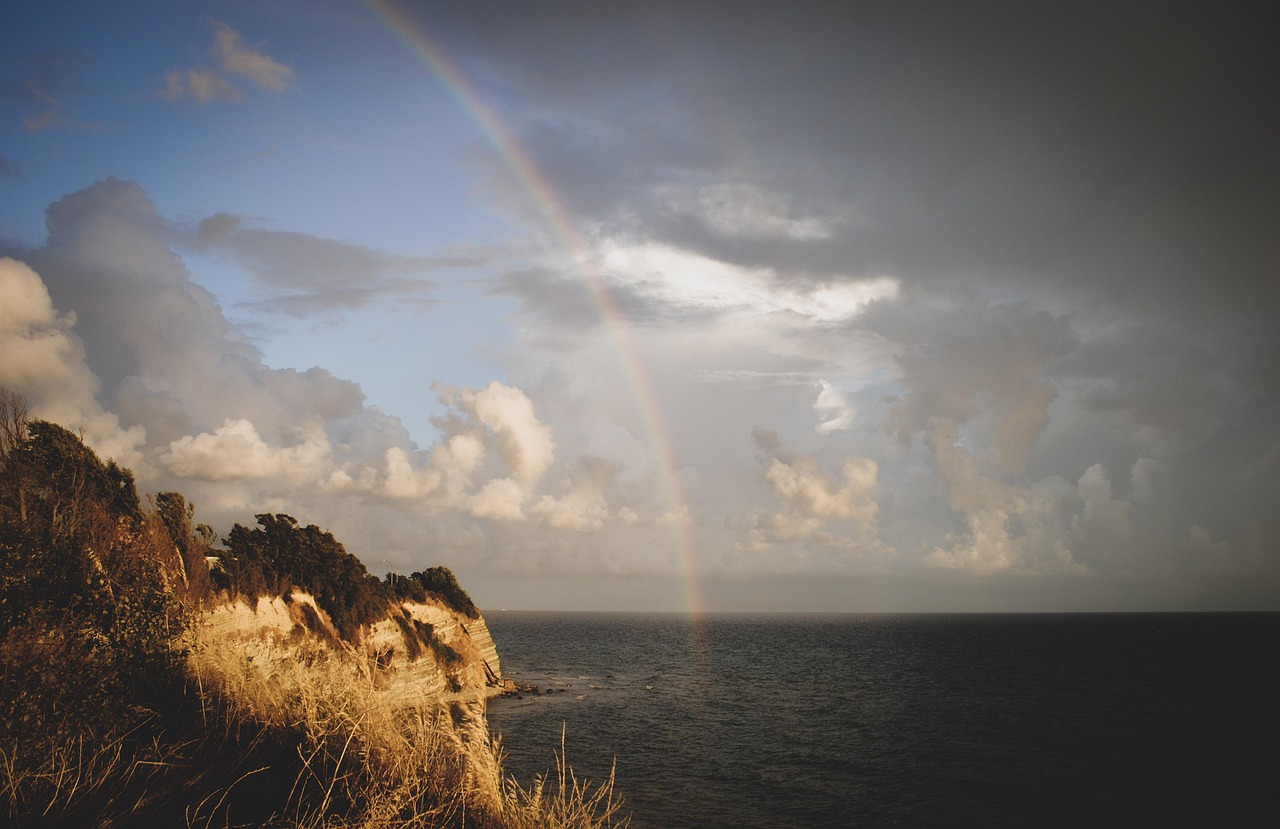 rainbow, landscape, precipice, sea, sky, clouds, nature, break, krucha