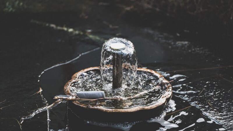 Frozen fountain spraying water in icy pool
