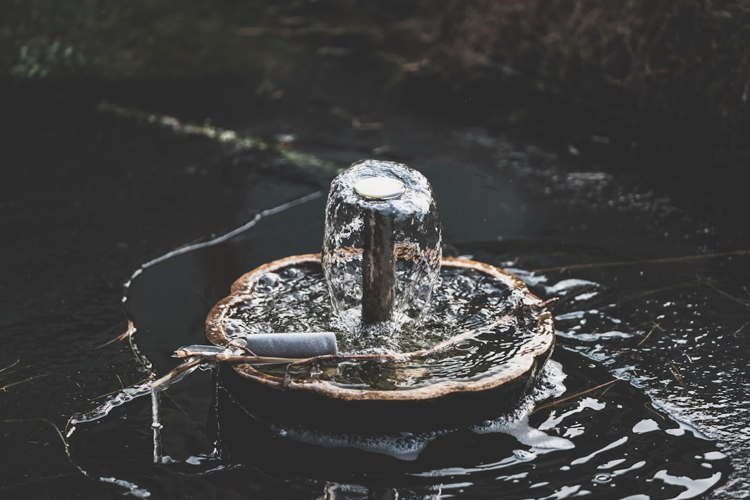 Frozen fountain spraying water in icy pool