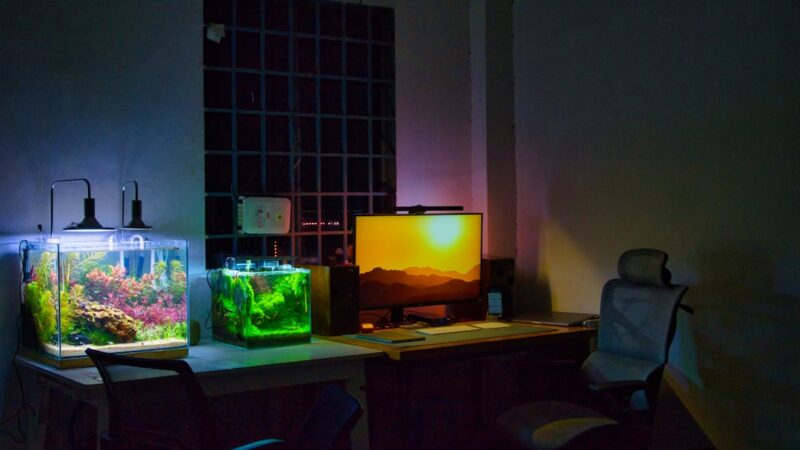 a desk with a computer and a fish tank
