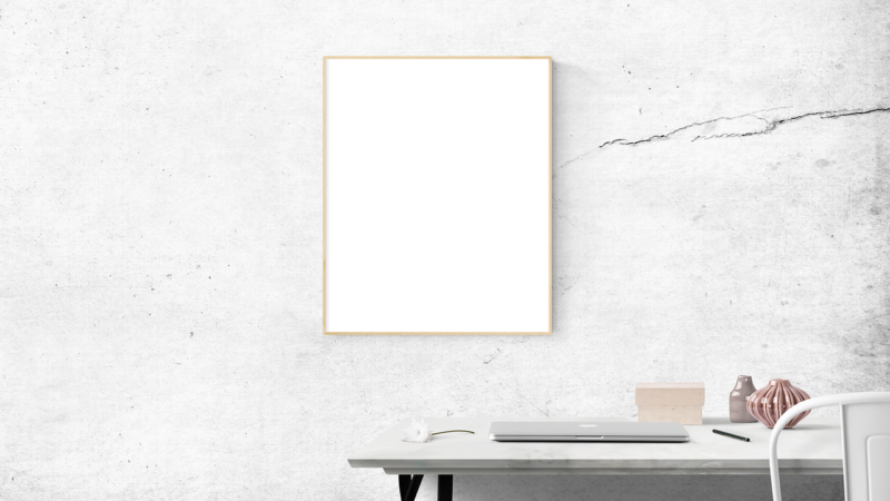 blank, frame, desk, simple, mockup, contemporary, furniture, indoors, interior design, laptop, picture frame, poster, table,