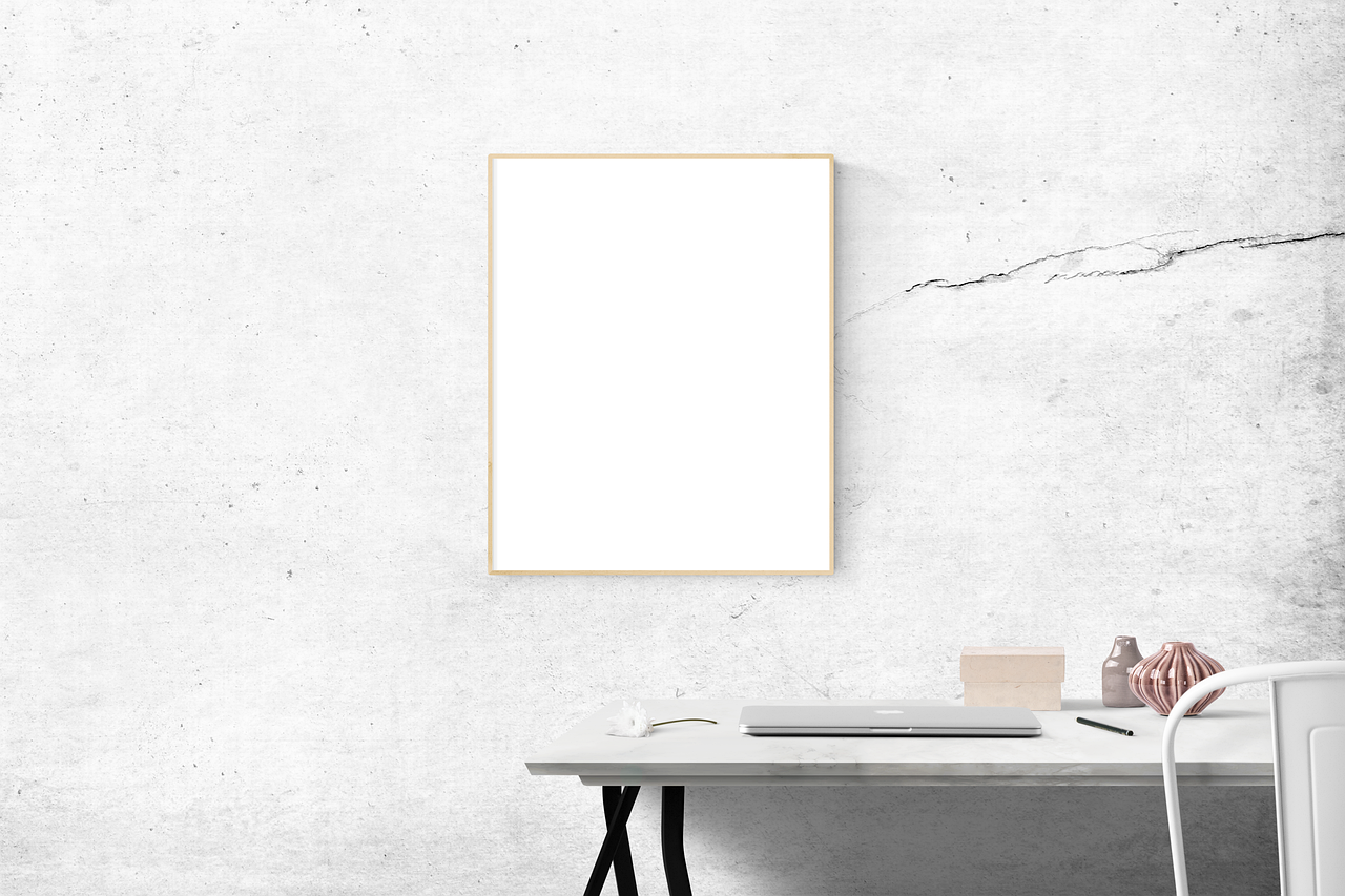 blank, frame, desk, simple, mockup, contemporary, furniture, indoors, interior design, laptop, picture frame, poster, table,