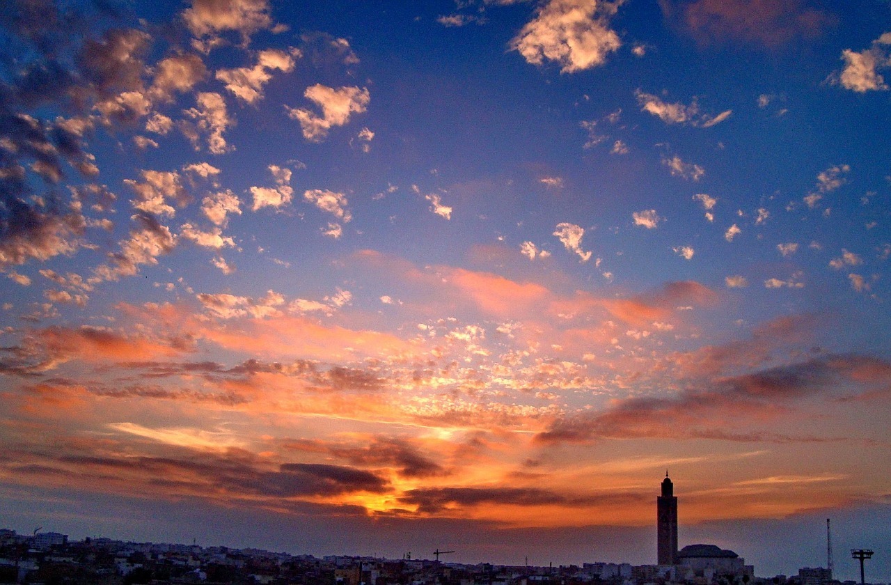 casablanca, morocco, africa, mosque, the minaret, hassan ii, the hassan ii mosque, sunset, sky, clouds, beauty, sea, ocean, a