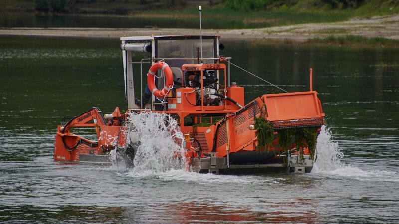lake, remove algae, aquatic machine, nature, dredge, dredging, technology, algae