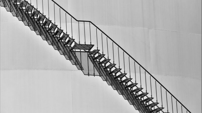architecture, stairs, outside staircase, handrail, railing, stole, metal, grating, steel tank, gasoline storage, white, black