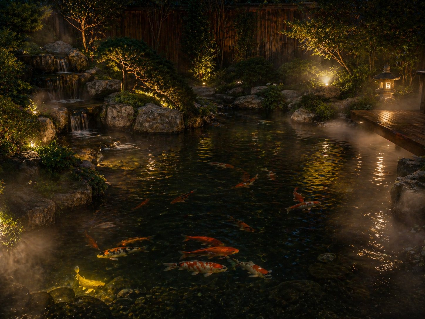 Custom-built koi pond at night with waterfall, stone lantern, and koi fish in Singapore
