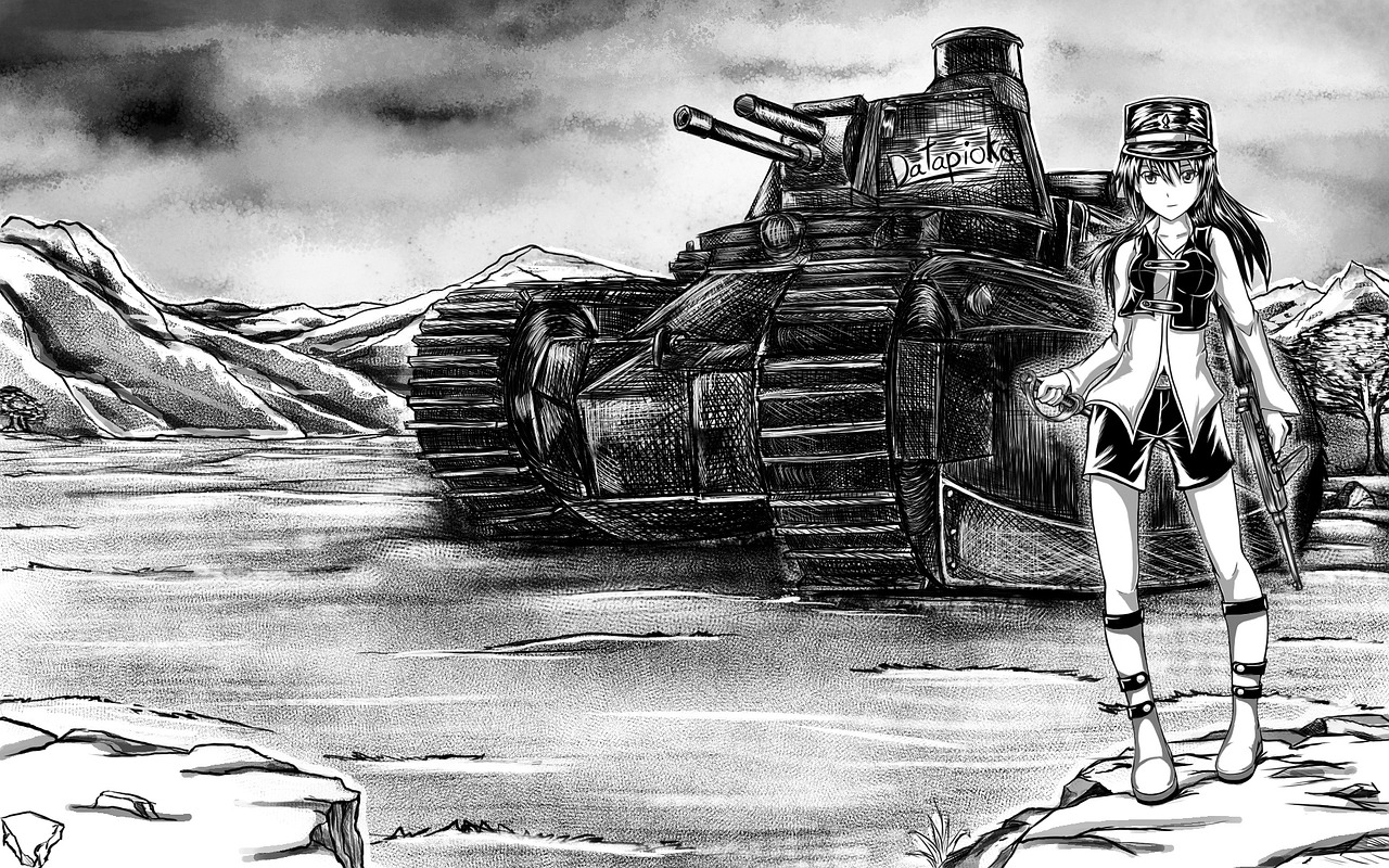 anime, girl, tan, character, design, kawaii, manga, tank, war tank, weapon, digital drawing, anime, anime, anime, anime, anim