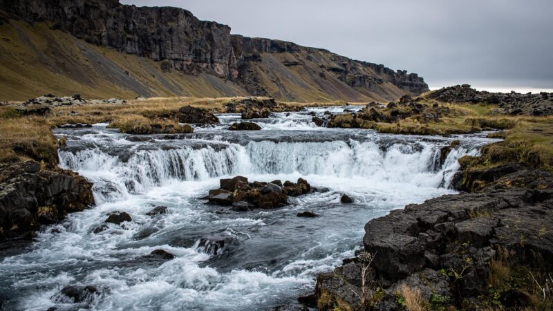 waterfall, river, stream, mountain, autumn, nature, landscape, grass, movement