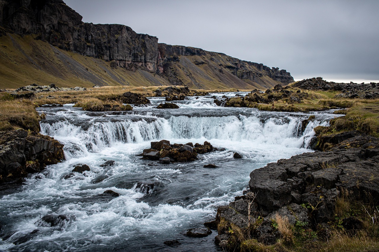 waterfall, river, stream, mountain, autumn, nature, landscape, grass, movement