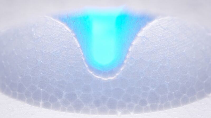 a close up of a white object with a blue center