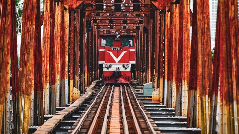 train, railway, iron bridge, red, rusty, old, retro, locomotive, railroad, rail