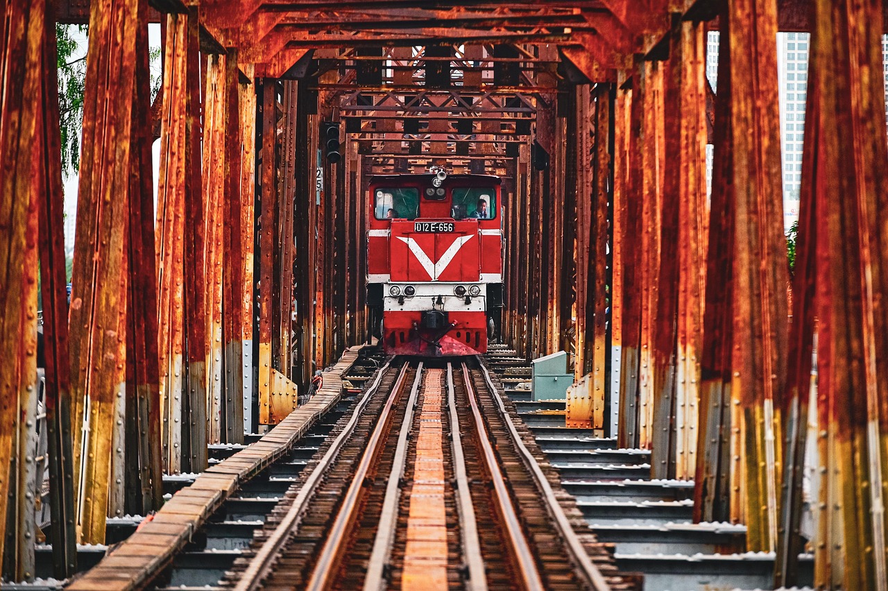train, railway, iron bridge, red, rusty, old, retro, locomotive, railroad, rail